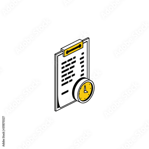 Document blank time clock. Vector line, 3d stroke isometric, color web icon, new flat style. Creative illustration design, abstract idea for infographics.