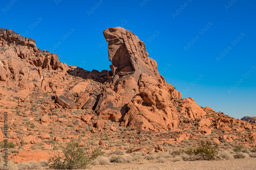 The unique red sandstone rock formations in Valley of Fire State park, Nevada, USA