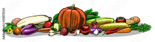 Harvest vegetables. Big pile.
Vector is isolated on a white background. Hand drawing.