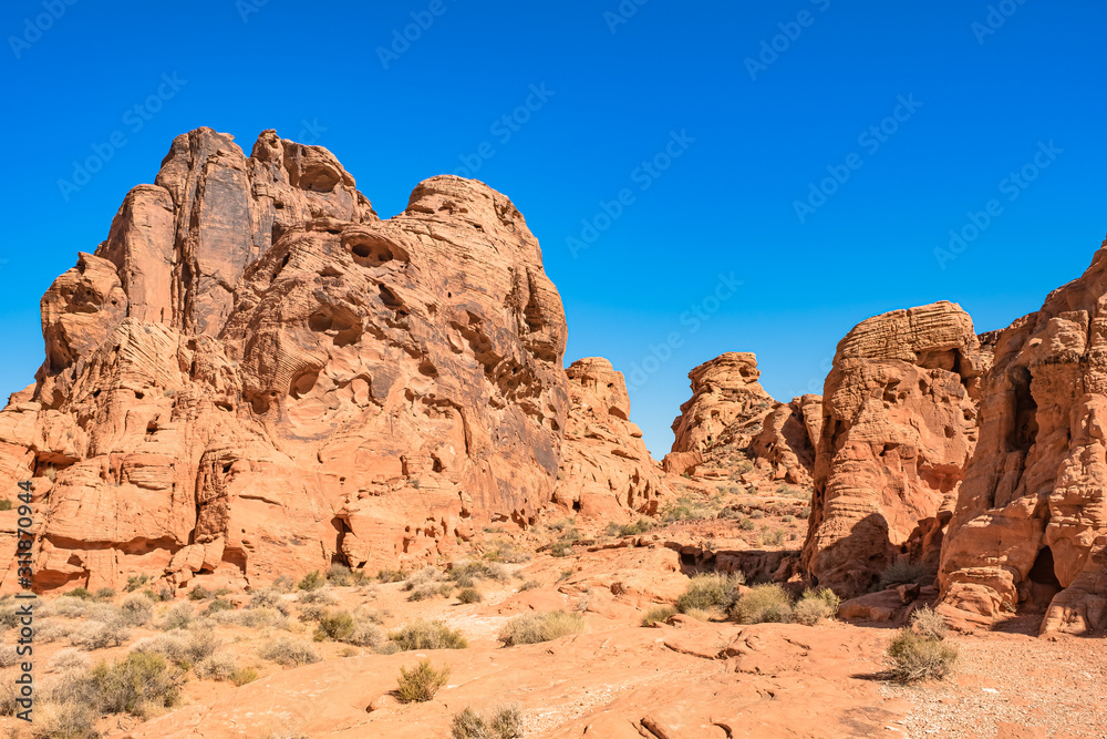 The unique red sandstone rock formations in Valley of Fire State park, Nevada, USA