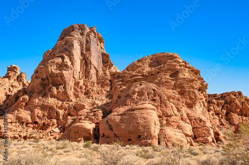 The unique red sandstone rock formations in Valley of Fire State park, Nevada, USA