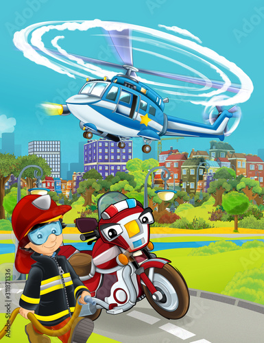 cartoon scene with fireman vehicle on the road - illustration for children