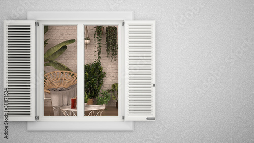 Exterior plaster wall with white window with shutters  showing interior conservatory  blank background with copy space  architecture design concept idea  mockup template