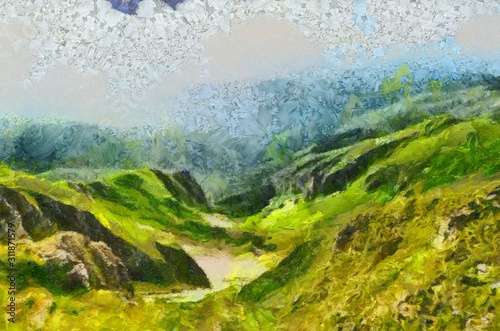 Bright mountains landscape painting in oil style. Print art in big size wall decor. Digital artwork. Tourism scene. Great nature power. Large pint strokes on canvas. 