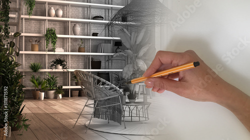 Architect interior designer concept: hand drawing a design interior project while the space becomes real, modern conservatory, winter garden lounge with rattan armchair and table