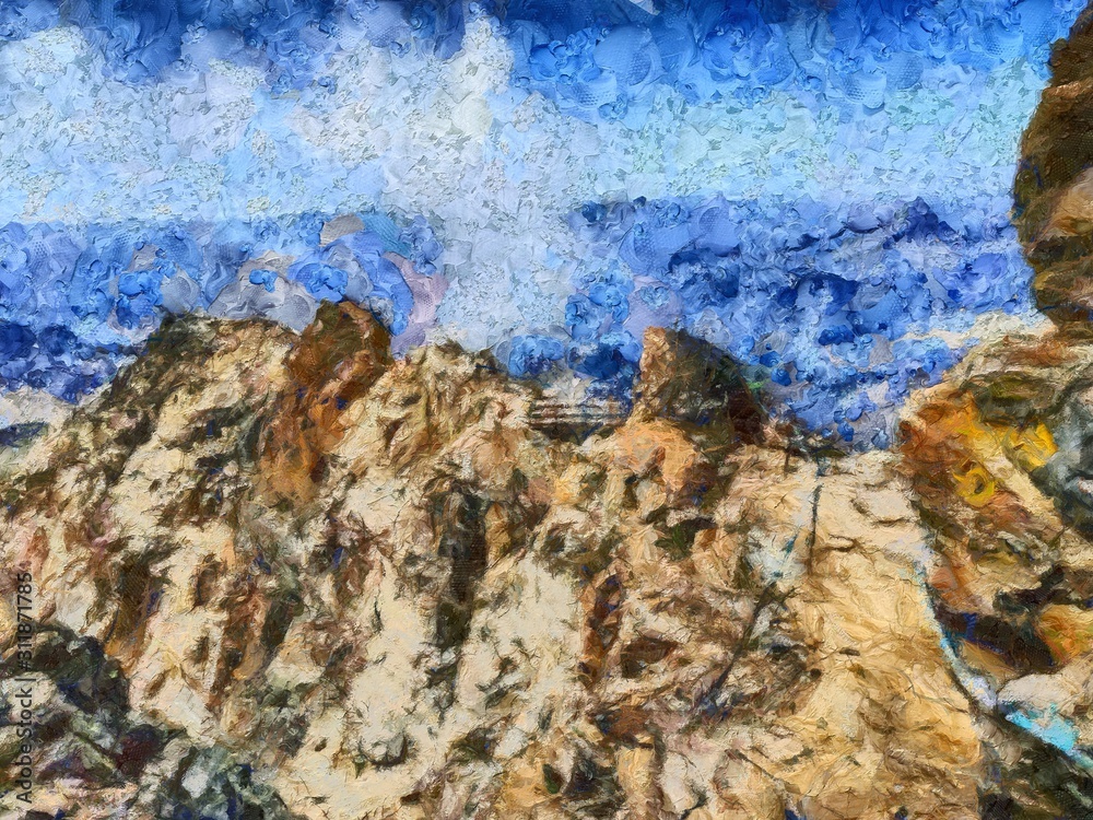 Bright mountains landscape painting in oil style. Print art in big size wall decor. Digital artwork. Tourism scene. Great nature power. Large pint strokes on canvas. 