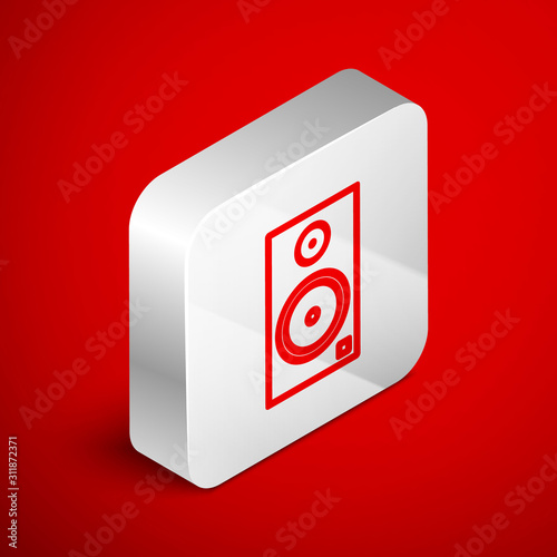 Isometric line Stereo speaker icon isolated on red background. Sound system speakers. Music icon. Musical column speaker bass equipment. Silver square button. Vector Illustration