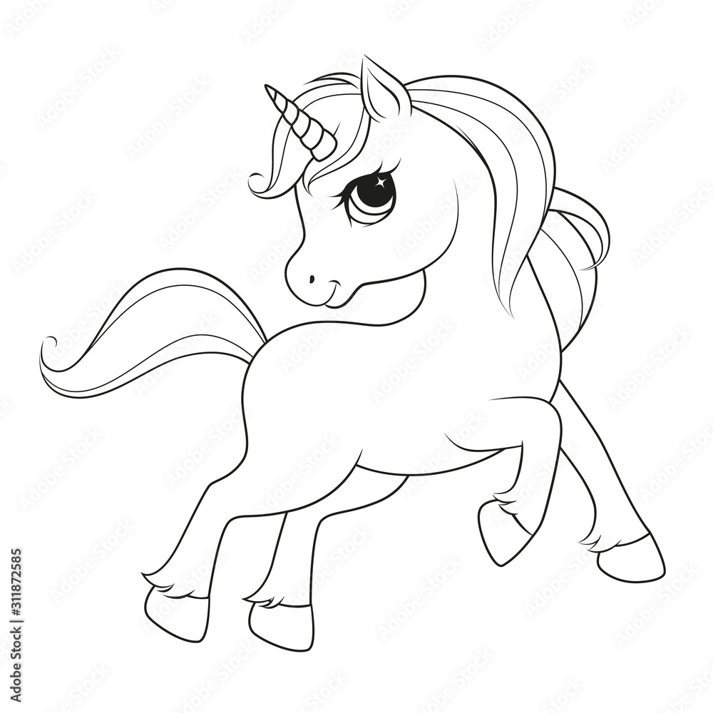 Cute cartoon unicorn. Black and white vector illustration for coloring