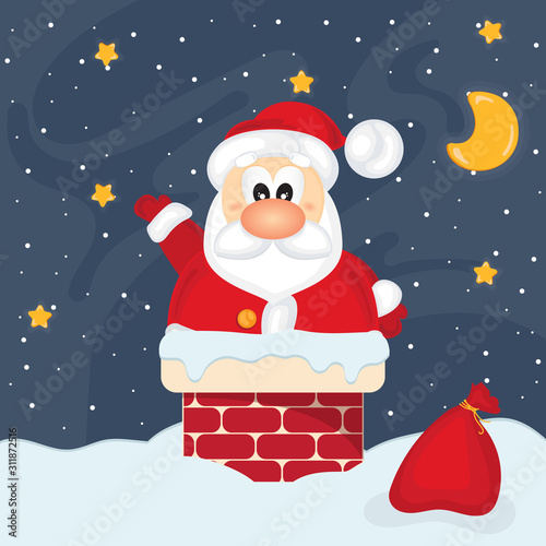 Santa Claus in the chimney  on white snow background. Creative Christmas composition. Humorous xmas collection. Festive background. Merry Christmas, Happy new Year, Happy Holidays. © PchelaMajka