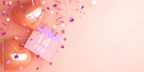 Happy Valentines Day, Greeting card, Calendar February 14 date, Heart shape balloon, confetti on pink rose background, flat lay, banner, top view, copy space text area. 3D rendering illustration.