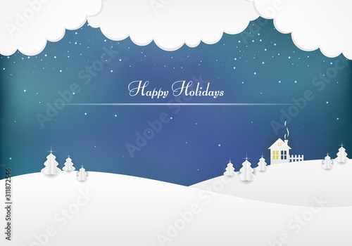 Winter urban countryside landscape village with paper houses, pine trees. Merry Christmas and New Year background. Christmas season paper art style illustration