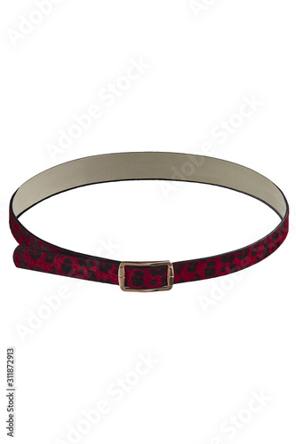 Subject shot of a showy red fur belt with leopard pattern and a golden buckle. The stylish belt is isolated on the white background.
