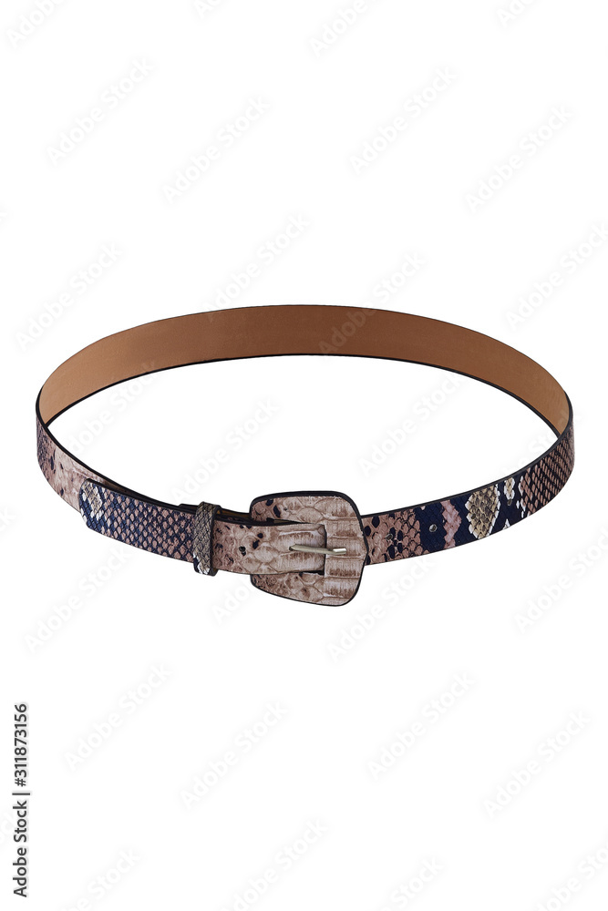 Subject shot of a showy pinkish leather belt with black snake pattern and a leather buckle. The stylish belt is isolated on the white background. Subject shot of a showy pinkish leather belt with black snake pattern and a leather buckle. The stylish belt is isolated on the white background.