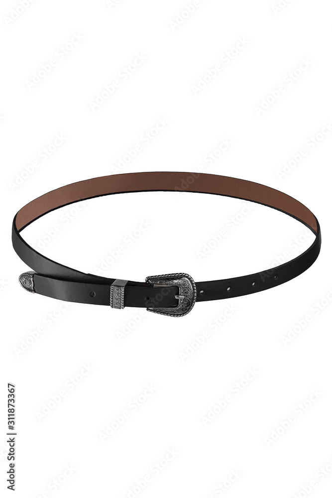Subject shot of a showy black smooth leather belt with silver ornamental buckle, belt end and loop. The stylish belt is isolated on the white background. Subject shot of a showy black smooth leather belt with silver ornamental buckle, belt end and loop. The stylish belt is isolated on the white background.