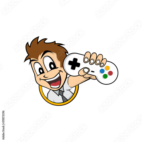 man holding game console joystick controller logo brand
