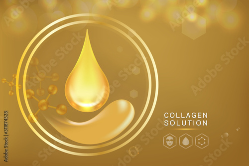 Hyaluronic acid skin solutions ad, gold collagen serum drop with cosmetic advertising background ready to use, illustration vector.