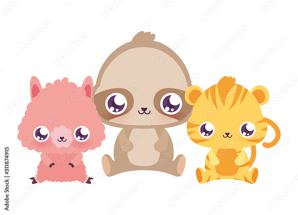 Kawaii llama sloth and tiger cartoons vector design Kawaii llama sloth and tiger cartoons vector design