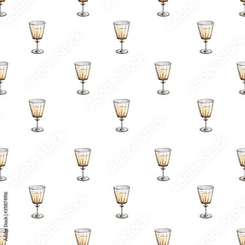 Vector food illustration in pastel colors. Colorful hand drawn seamless pattern with popular drinks isolated on white. Positive sweet fashion fabric print with desserts. Polka dot endless texture.