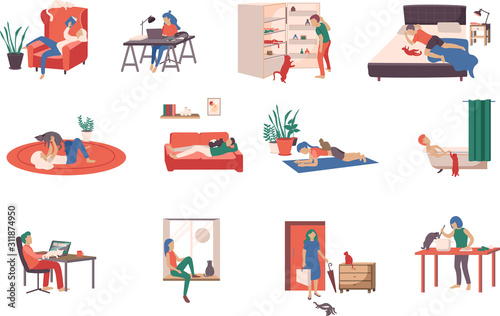 People With Cats Icons Set