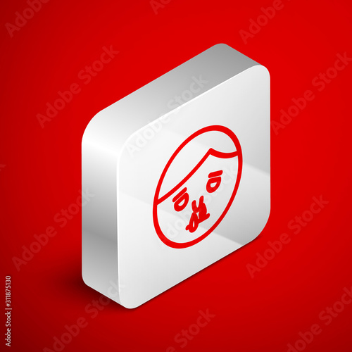 Isometric line Runny nose icon isolated on red background. Rhinitis symptoms, treatment. Nose and sneezing. Nasal diseases. Silver square button. Vector Illustration