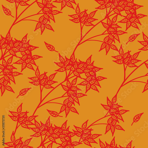 Seamless pattern with red leaves on an orange background .Vector graphic.