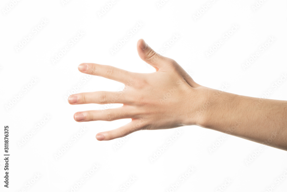 Hand of man showing opening gesture on white background Hand of man showing opening gesture on white background