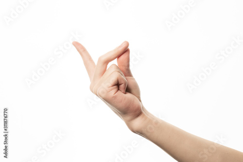 Human hand in snapping finger gesture isolate on white background