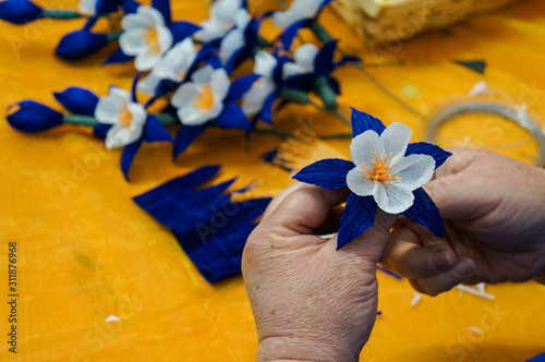 Making paper flowers for a traditional celebration in Italy photo