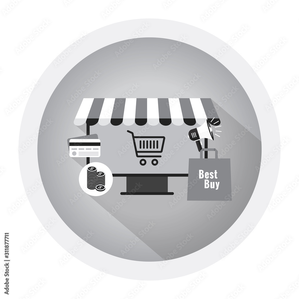 Online business, E-commerce shopping, market place, business reputation - flat design vector banner. Black and white icon