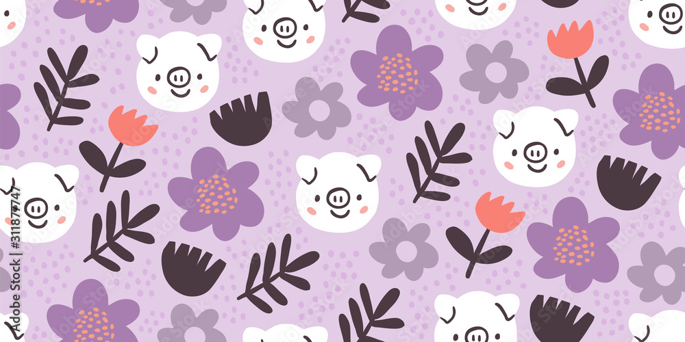 cute pigs seamless pattern with pink flowers cute pigs seamless pattern with pink flowers