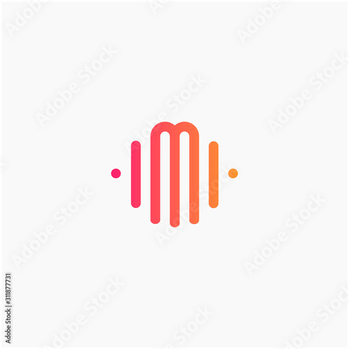 letter M with Pulse music player element. led lighting concept. technology and digital. minimalist sound music equalizer, Bass, DJ icon, nightclub, disco. logotype Unique and simple element - vector