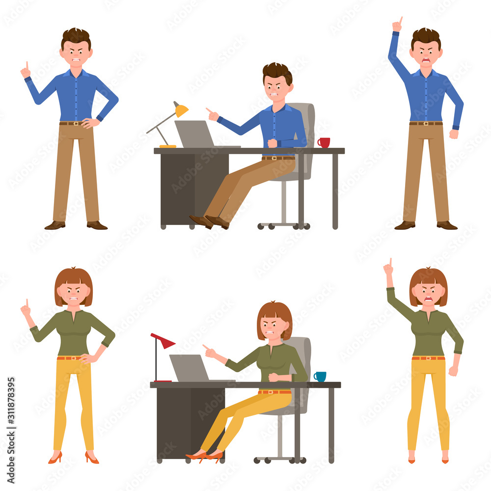Angry, stressed, mad, unhappy man and woman vector illustration. Shouting, pointing finger, scolding young boy and girl cartoon character set on white