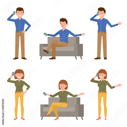 Young, cute, funny man and woman vector illustration. Talking on phone, smartphone, calling, conversation, dialog, sitting on sofa office guy and lady cartoon character set on white
