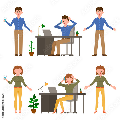 Surprised, shocked, amazed, headache office man and woman vector illustration. Stressed, worry, nervous, scared, talking on smartphone young boy and girl cartoon character set on white