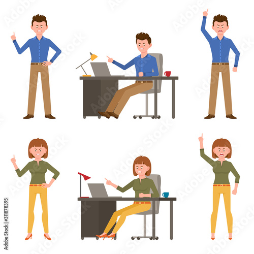 Angry, stressed, mad, unhappy man and woman vector illustration. Shouting, pointing finger, scolding young boy and girl cartoon character set on white © Cherstva