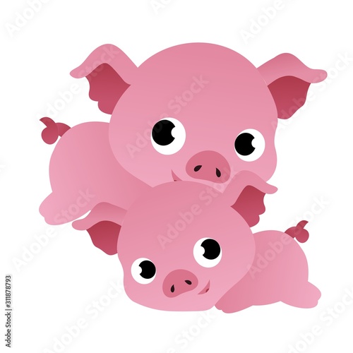 Illustration of 2 Pig Cartoon, Cute Funny Character with, Flat Design