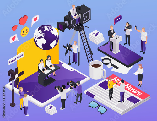 Colored Journalistis Reporters News Media Isometric Icon Set