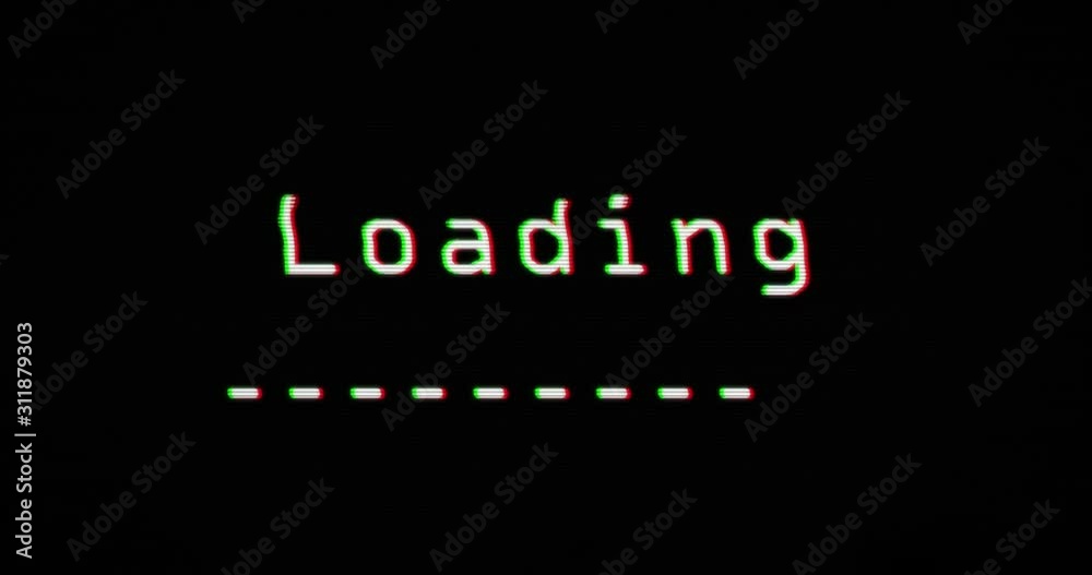Loading in progress distorted text on damage retro tv background. Intensive color abstract concept of waiting for video game with noise and glitch effect. Seamless and loopable 3d rendering animation.