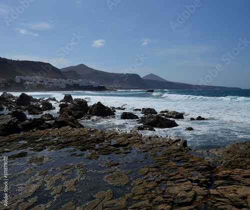 Rocky coast at low tide, El Pagador, Moya, north of Gran Canaria, Canary Islands