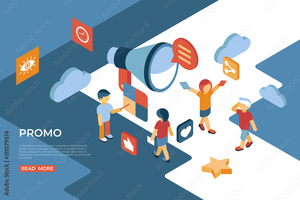 Promo isometric icons digital vector with people interacting Promo isometric icons digital vector with people interacting