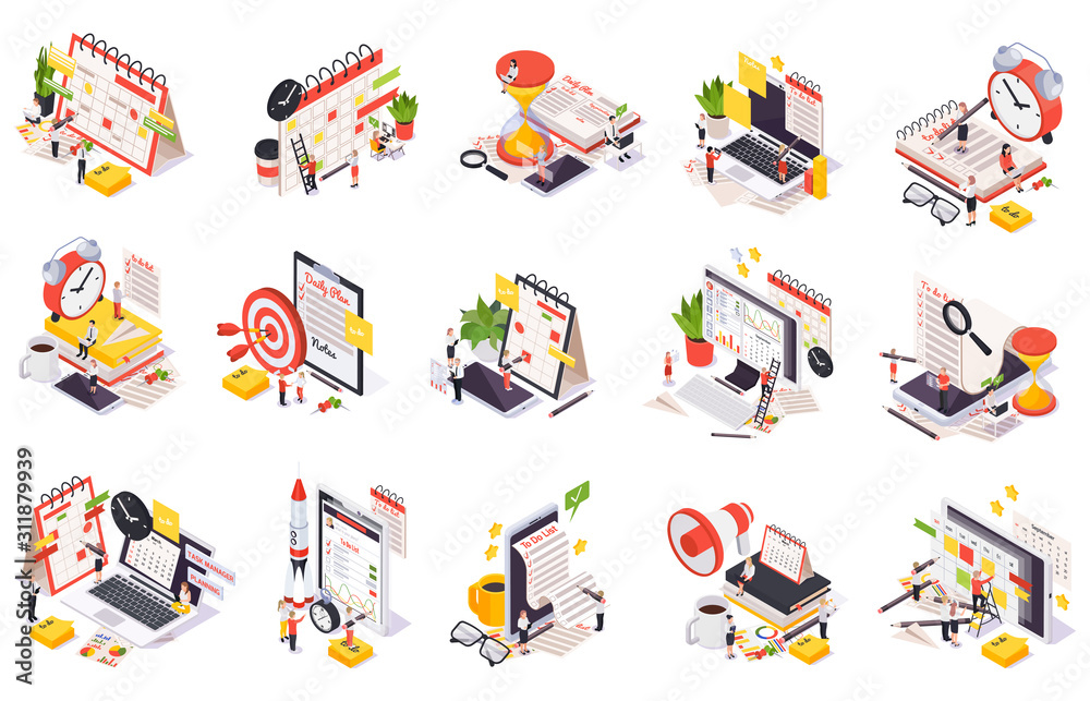 Colored Time Management Planning Schedule Isometric Icon Set - obrazy, fototapety, plakaty 