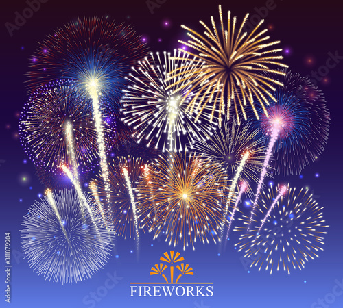 Set of fireworks, festive banner, invitation to a holiday. Vector illustration