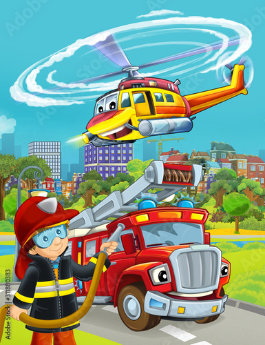 cartoon scene with fireman vehicle on the road - illustration for children