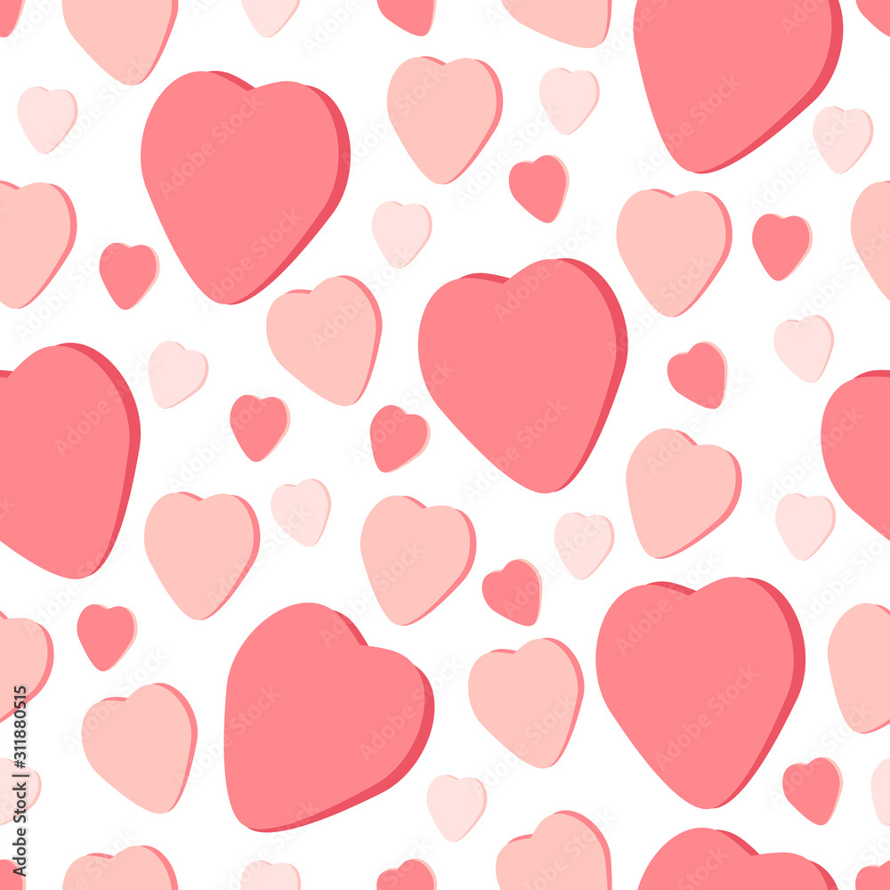 Seamless background of pink hearts. Valentine's day. Tender love and feelings. Beautiful vector illustration isolated on white background in simple flat style for design and web.