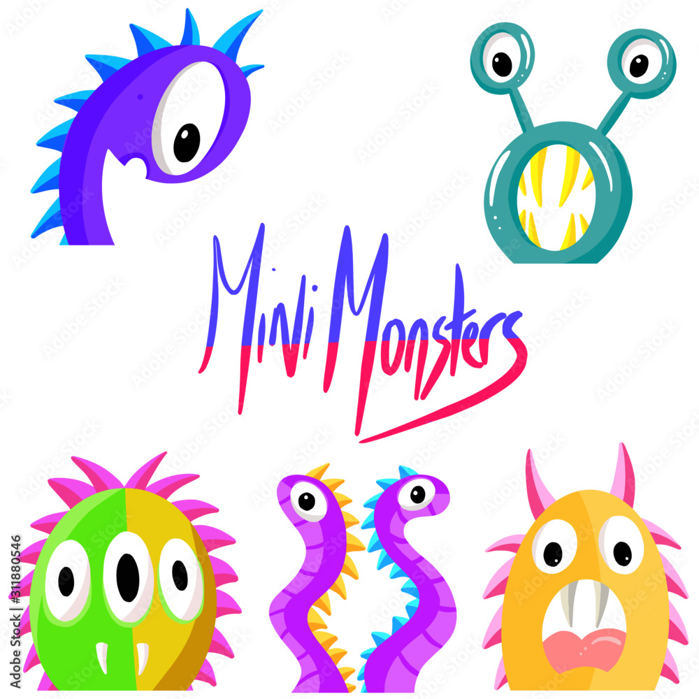 Collection of Mini Monster Fictional Imaginary Characters Cartoon Illustration Vectors