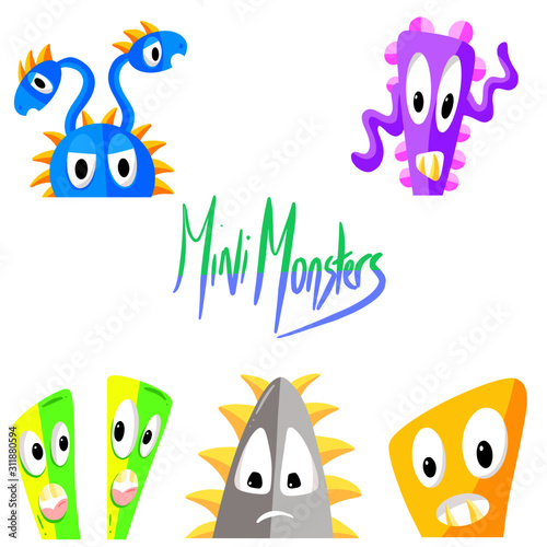 Collection of Mini Monster Fictional Imaginary Characters Cartoon Illustration Vectors