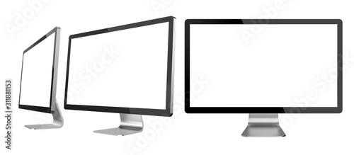 Set of Different Angles of Empty PC Monitors Isolated on White Background. Realistic 3D Illustration of Modern Sleek Screens.