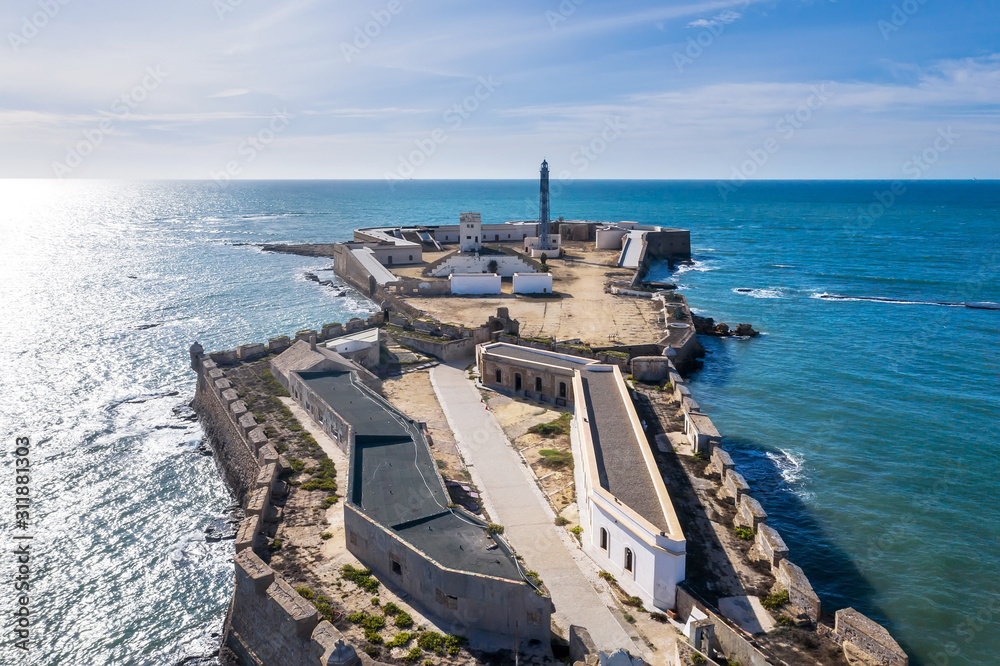 Fototapeta premium Aerial view of the city of Cadiz and the Castle of San Sebastian. 
