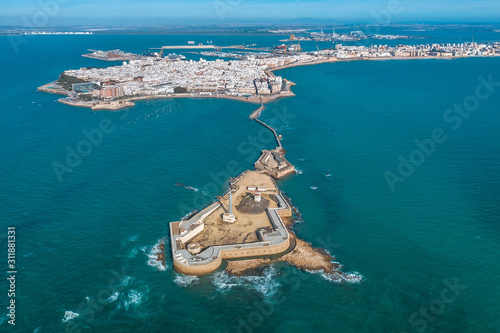 Aerial view of the city of Cadiz and the Castle of San Sebastian. 