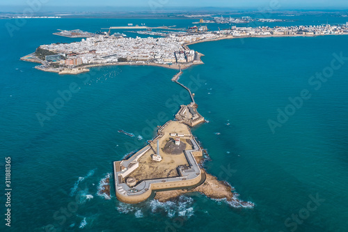 Aerial view of the city of Cadiz and the Castle of San Sebastian. 